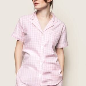 Petite Plume Short Sleeve Button Up Top Womens XS Pink White Gingham Cotton